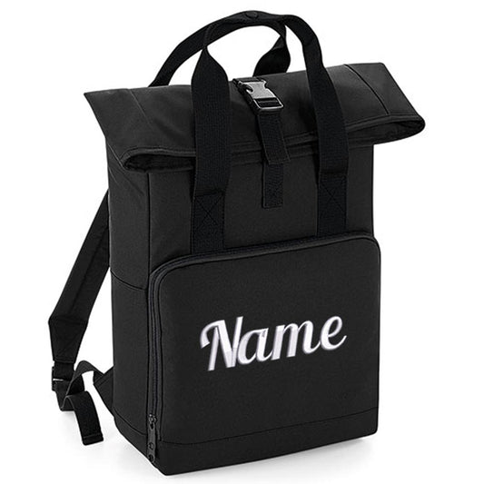 Rucksack mit Name bestickt Rolltop für Kinder und Erwachsene verstellbare Schultergurte 100% Recycled Polyester schwarz
