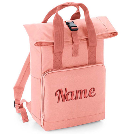 Rucksack mit Name bestickt Rolltop für Kinder und Erwachsene verstellbare Schultergurte 100% Recycled Polyester altrosa