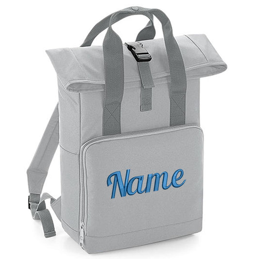 Rucksack mit Name bestickt Rolltop für Kinder und Erwachsene verstellbare Schultergurte 100% Recycled Polyester hellgrau