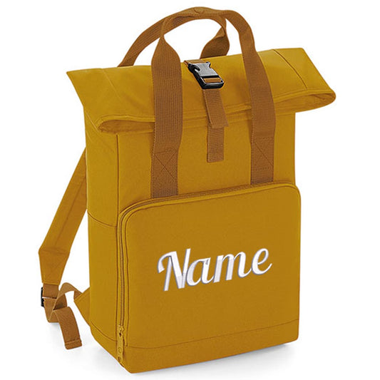Rucksack mit Name bestickt Rolltop für Kinder und Erwachsene verstellbare Schultergurte 100% Recycled Polyester senfgelb