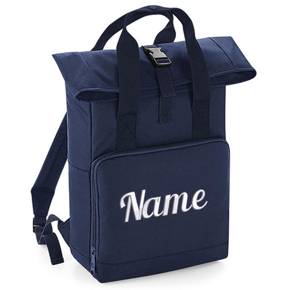 Rucksack mit Name bestickt Rolltop für Kinder und Erwachsene verstellbare Schultergurte 100% Recycled Polyester dunkelblau