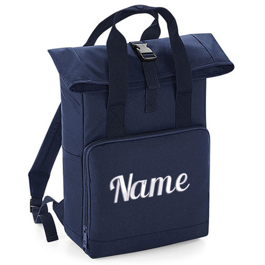 Rucksack mit Name bestickt Rolltop für Kinder und Erwachsene verstellbare Schultergurte 100% Recycled Polyester dunkelblau