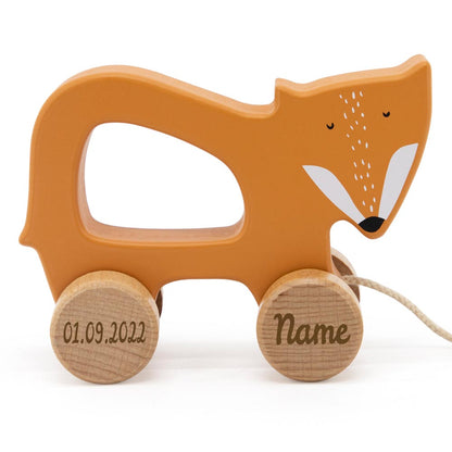 Trixie Nachziehtier Holz PERSONALISIERT mit Name und Datum graviert Motorikspielzeug ab 18 Monate Fuchs