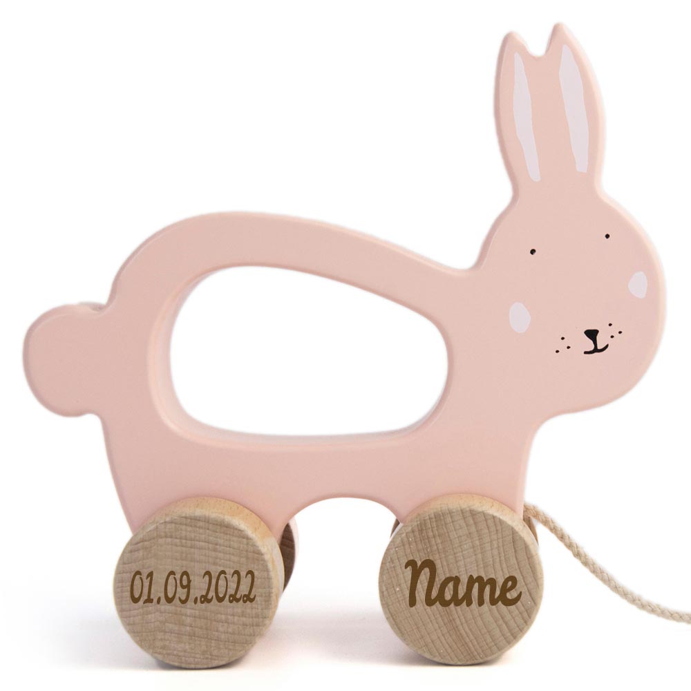 Trixie Nachziehtier Holz PERSONALISIERT mit Name und Datum graviert Motorikspielzeug ab 18 Monate Hase