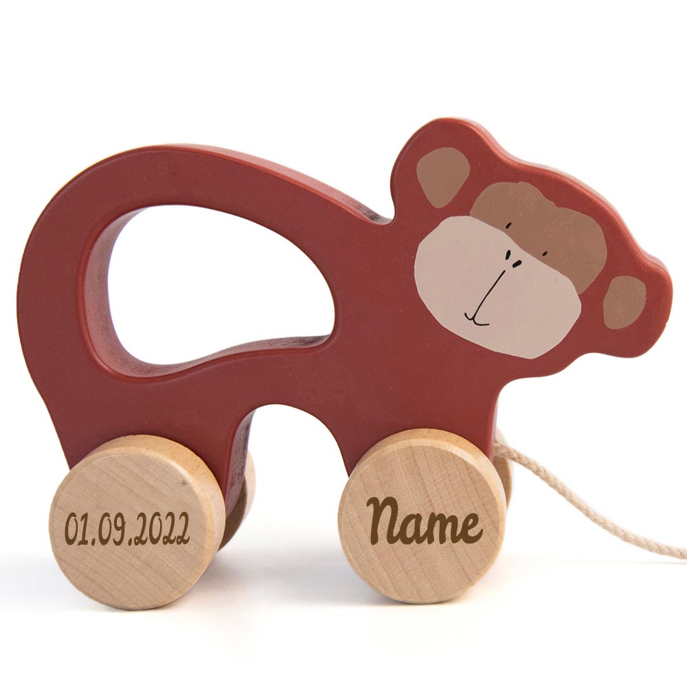 Trixie Nachziehtier Holz PERSONALISIERT mit Name und Datum graviert Motorikspielzeug ab 18 Monate AFFE