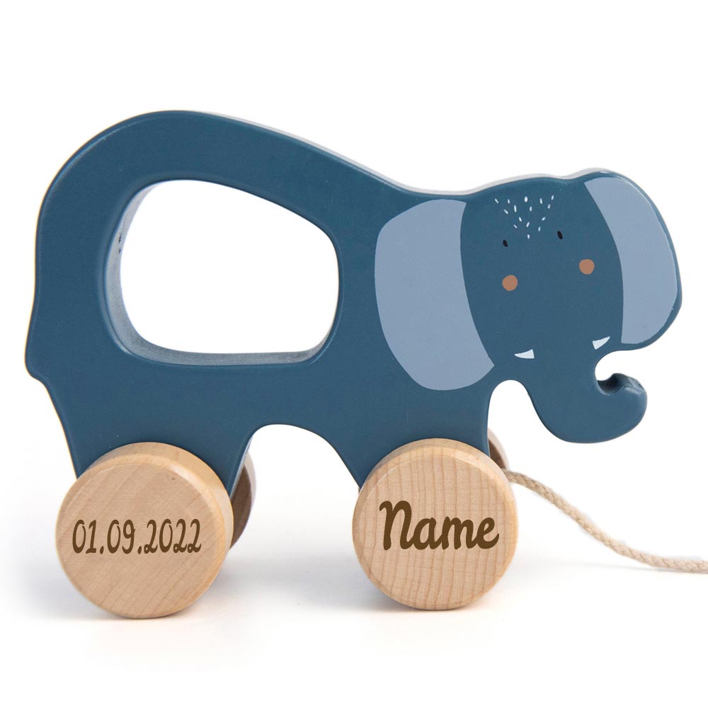 Trixie Nachziehtier Holz PERSONALISIERT mit Name und Datum graviert Motorikspielzeug ab 18 Monate Elefant