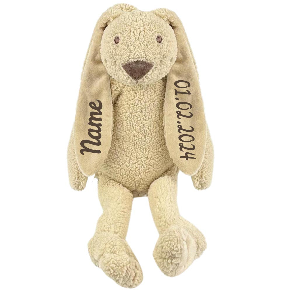 Stofftier Hase RECYCELTES Material mit Name und Geburtsdatum personalisiert kuschelweich Geschenk beige