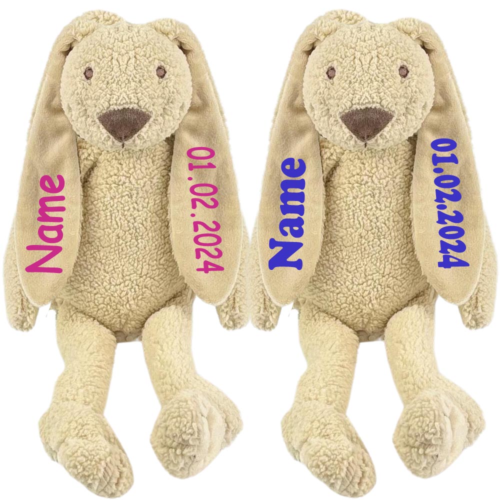 Stofftier Hase RECYCELTES Material mit Name und Geburtsdatum personalisiert kuschelweich Geschenk beige