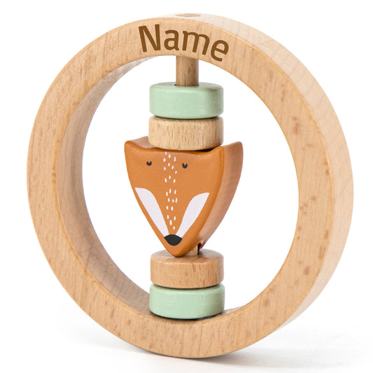 Trixie Rassel Baby aus Holz PERSONALISIERT mit Name graviert Greifring für Baby Geschenk zur Geburt Fuchs