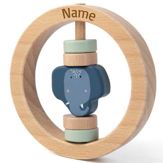 Trixie Rassel Baby aus Holz PERSONALISIERT mit Name graviert Greifring für Baby Geschenk zur Geburt Elefant