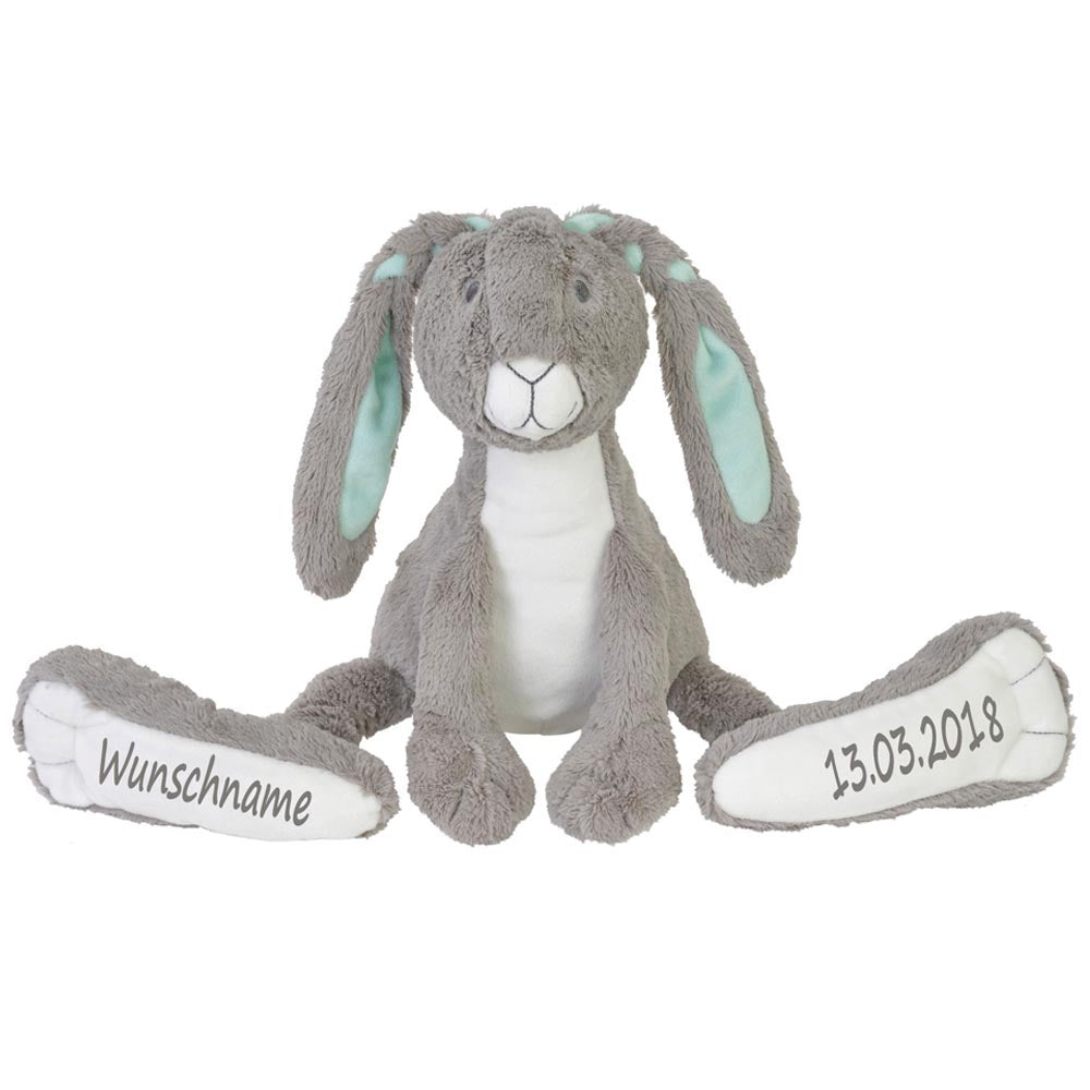 Stofftier Hase mit großen Füßchen mit Namen und Geburtsdatum personalisiert Geschenk grau