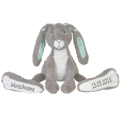 Stofftier Hase mit großen Füßchen mit Namen und Geburtsdatum personalisiert Geschenk grau