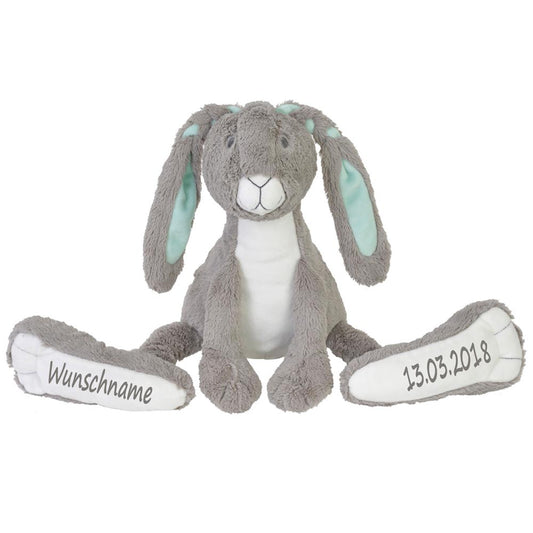 Stofftier Hase mit großen Füßchen mit Namen und Geburtsdatum personalisiert Geschenk grau