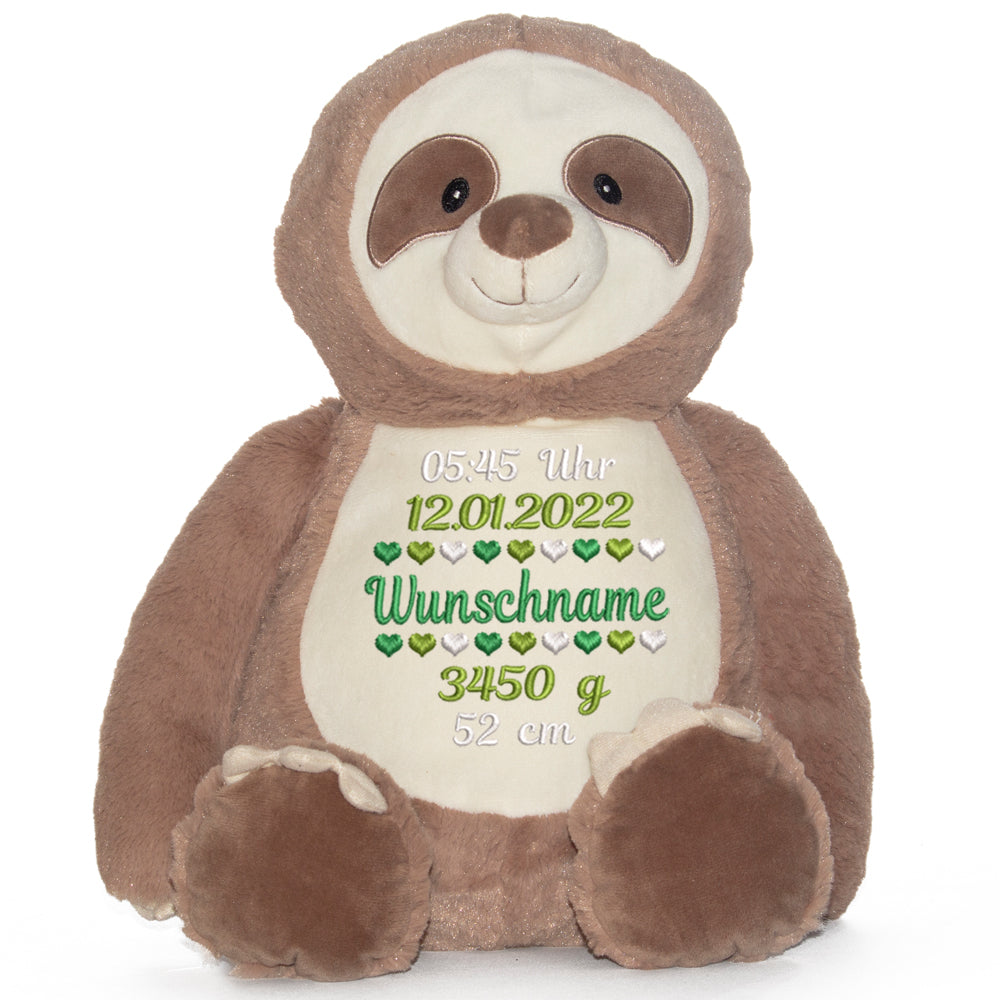 Stofftier mit Name Bestickt Kuscheltier Faultier personalisiert Geburtsdaten