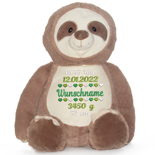 Stofftier mit Name Bestickt Kuscheltier Faultier personalisiert Geburtsdaten