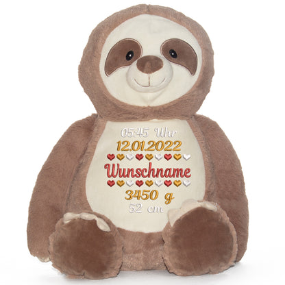 Stofftier mit Name Bestickt Kuscheltier Faultier personalisiert Geburtsdaten