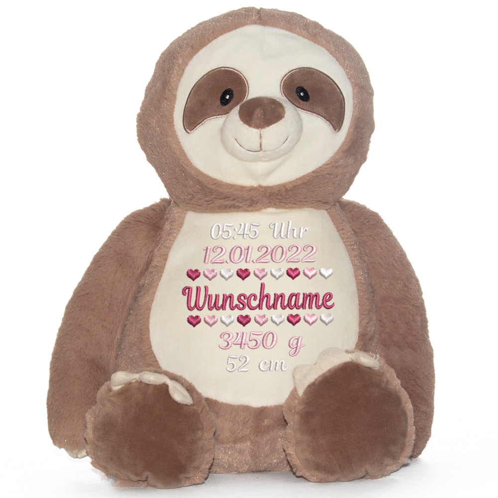 Stofftier mit Name Bestickt Kuscheltier Faultier personalisiert Geburtsdaten