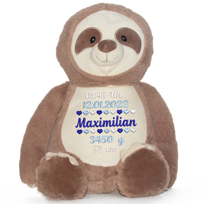 Stofftier mit Name Bestickt Kuscheltier Faultier personalisiert Geburtsdaten