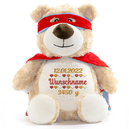 Stofftier mit Name Bestickt Kuscheltier Heldenbär personalisiert Stickmotiv Geburtsdaten