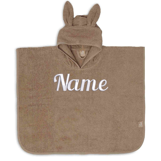 Baby Badeponcho mit Name bestickt Poncho aus Frottee Baumwolle Nougat
