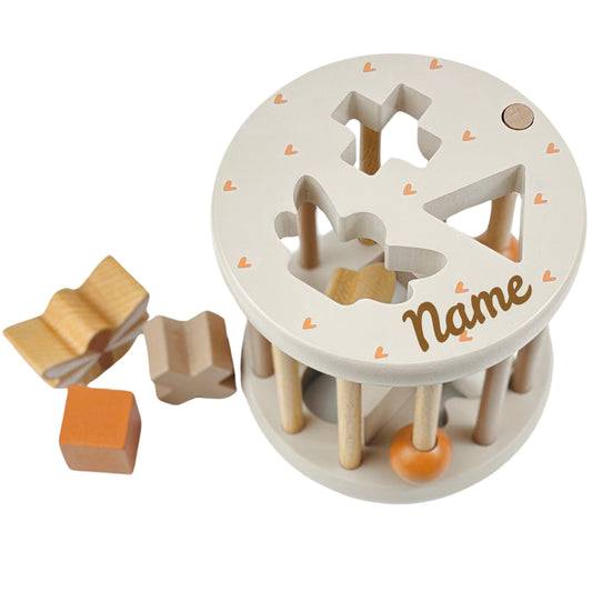 Sortierspiel aus Holz personalisiert mit Name Sortierbox Steckspiel ab 12 Monate Geschenk zur Geburt beige