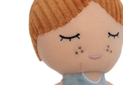 Stoffpuppe mit Name personalisiert weiche Kuschelpuppe zum Spielen mit aufgesticktem Gesicht Kleid hellblau