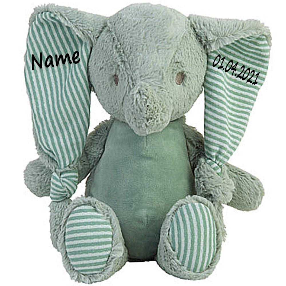 Stofftier Elefant Geschenk mit Namen und Geburtsdatum personalisiert Petrol
