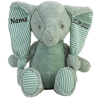 Stofftier Elefant Geschenk mit Namen und Geburtsdatum personalisiert Petrol