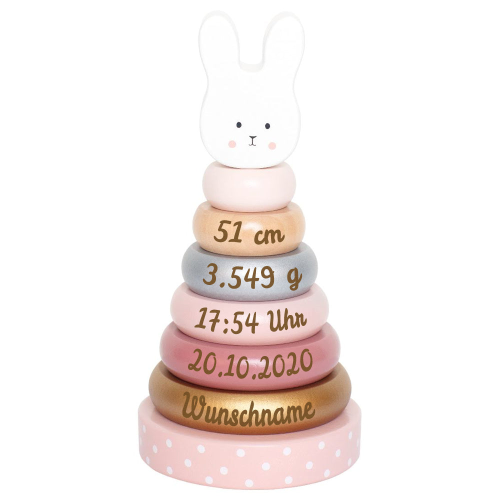 Stapelturm aus Holz Hase personalisiert mit Name und Geburtsdaten Baby Geschenk mit Gravur