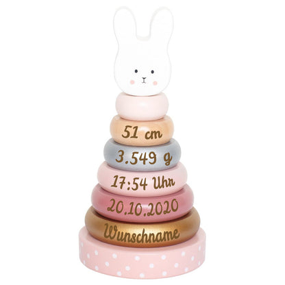 Stapelturm aus Holz Hase personalisiert mit Name und Geburtsdaten Baby Geschenk mit Gravur