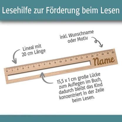 Personalisierte Lesehilfe und Lineal für Erstleser mit Name graviert - 20cm Holzlineal Geschenk für Schulanfänger zur Einschulung
