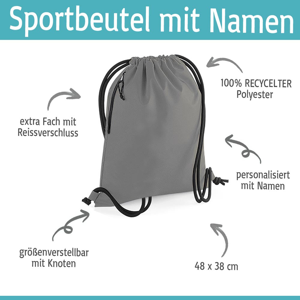 Personalisierter Turnbeutel aus recyceltem Material Sportbeutel mit Name bestickt Glitzer Motiv Grau