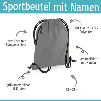 Personalisierter Turnbeutel aus recyceltem Material Sportbeutel mit Name bestickt Glitzer Motiv Grau