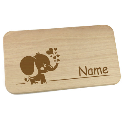 Personalisiertes Frühstücksbrettchen aus Holz mit Motiv und Name graviert Motiv Elefant mit Herz