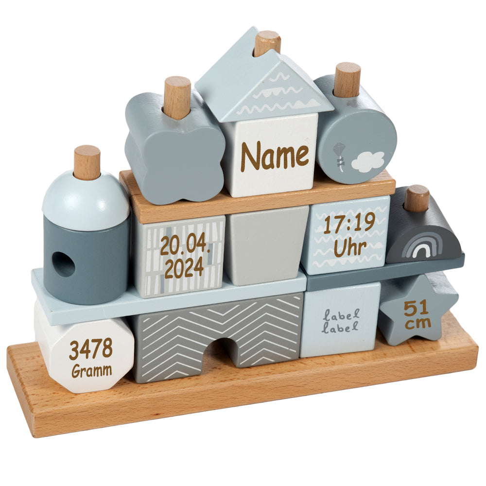 Steckspiel Haus blau personalisiert mit Name und Geburtsdaten Baby Geschenk mit Gravur