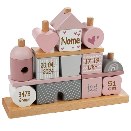 Steckspiel Haus rosa personalisiert mit Name und Geburtsdaten Baby Geschenk mit Gravur