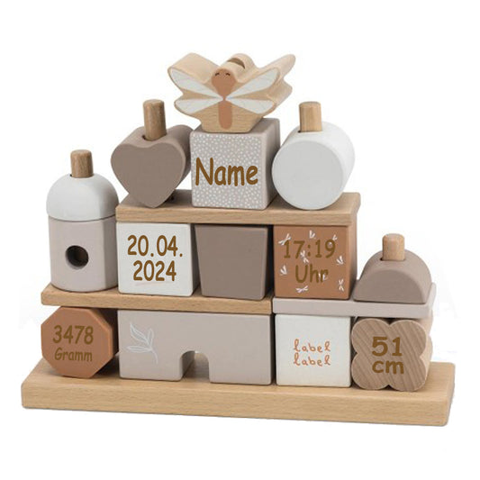 Steckspiel Haus beige personalisiert mit Name und Geburtsdaten Baby Geschenk mit Gravur