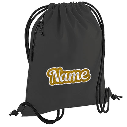 Personalisierter Turnbeutel aus recyceltem Material Sportbeutel mit Name bestickt Glitzer Motiv Schwarz