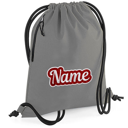 Personalisierter Turnbeutel aus recyceltem Material Sportbeutel mit Name bestickt Glitzer Motiv Grau