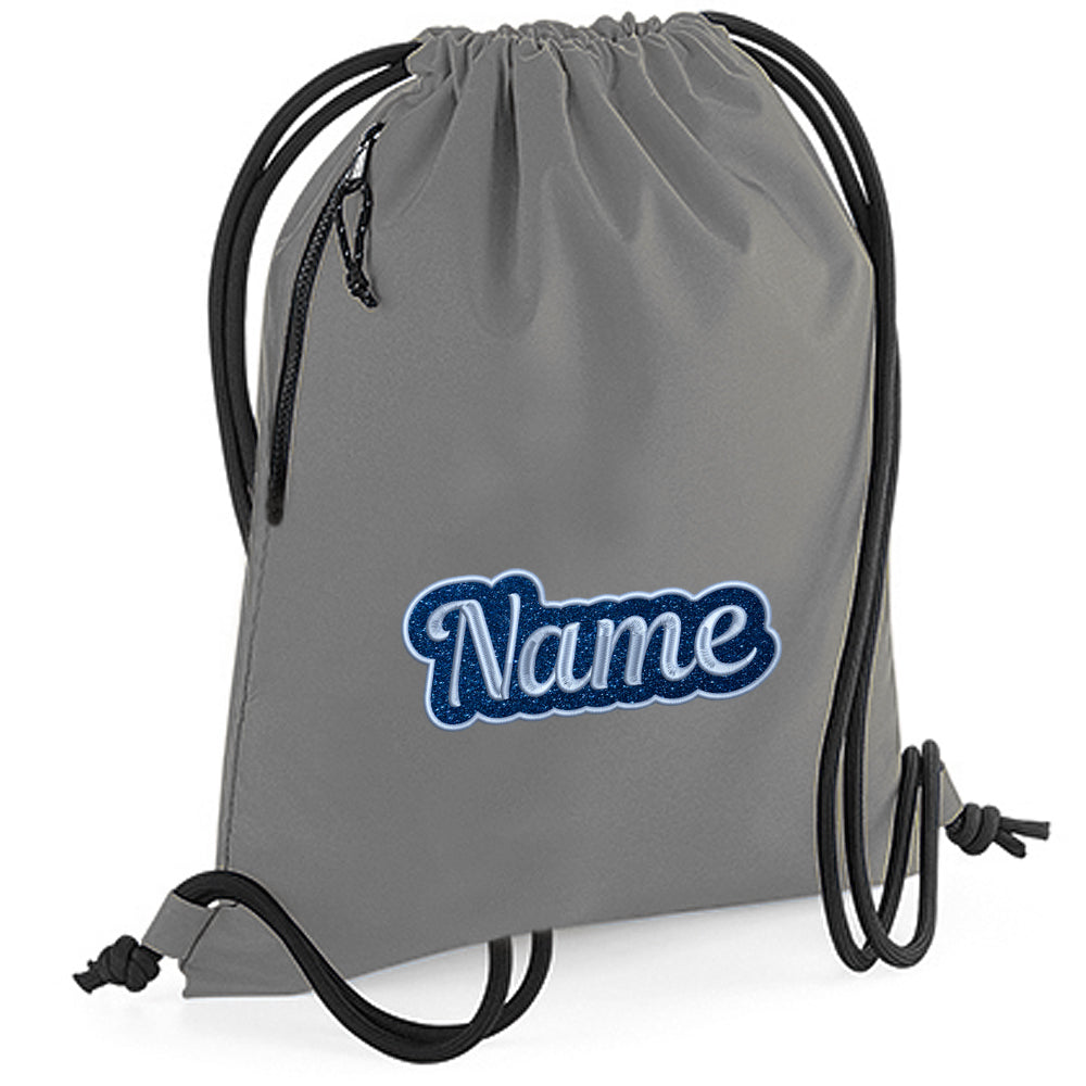 Personalisierter Turnbeutel aus recyceltem Material Sportbeutel mit Name bestickt Glitzer Motiv Grau