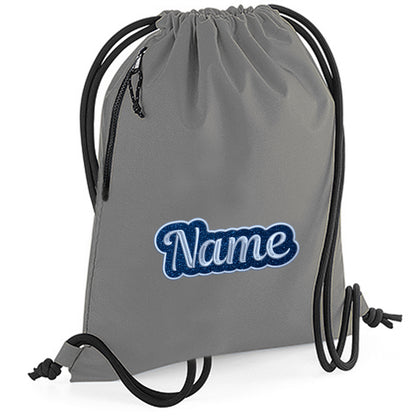Personalisierter Turnbeutel aus recyceltem Material Sportbeutel mit Name bestickt Glitzer Motiv Grau