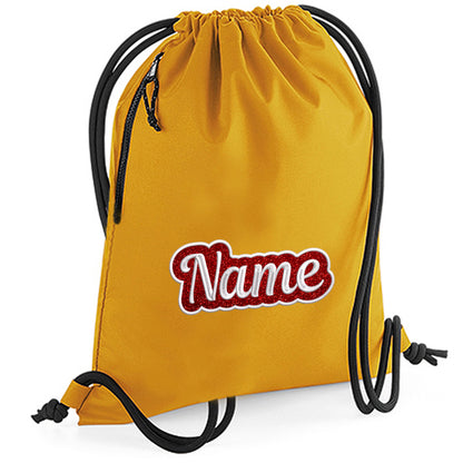 Personalisierter Turnbeutel aus recyceltem Material Sportbeutel mit Name bestickt Glitzer Motiv Senfgelb