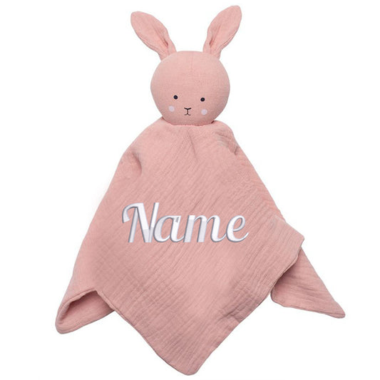 Schnuffeltuch aus Musselin mit Namen bestick Hase rosa * Schmusetuch aus Baumwolle * Kuscheltuch für Babys