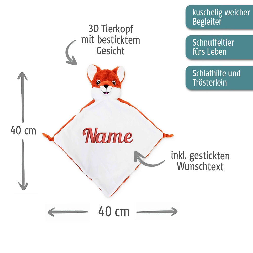 Personalisiertes Schnuffeltuch weiches Kuscheltuch mit Name Bestickt Schnuffeltier Schlafhilfe Tröster Geschenk zur Geburt Fuchs