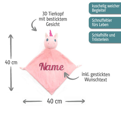 Personalisiertes Schnuffeltuch weiches Kuscheltuch mit Name Bestickt Schnuffeltier Schlafhilfe Tröster Geschenk zur Geburt Einhorn rosa