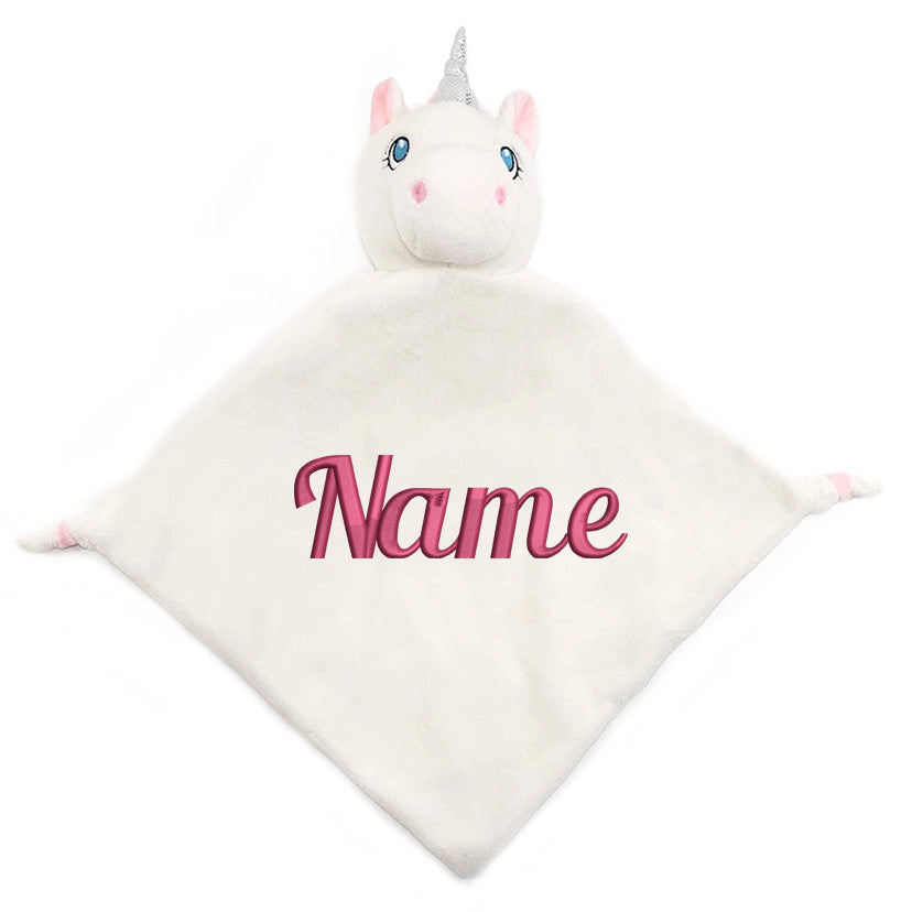 Personalisiertes Schnuffeltuch weiches Kuscheltuch mit Name Bestickt Schnuffeltier Schlafhilfe Tröster Geschenk zur Geburt Einhorn weiß