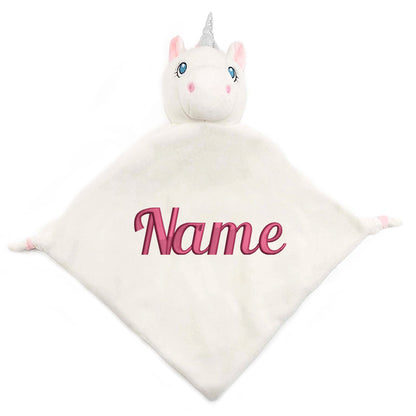 Personalisiertes Schnuffeltuch weiches Kuscheltuch mit Name Bestickt Schnuffeltier Schlafhilfe Tröster Geschenk zur Geburt Einhorn weiß