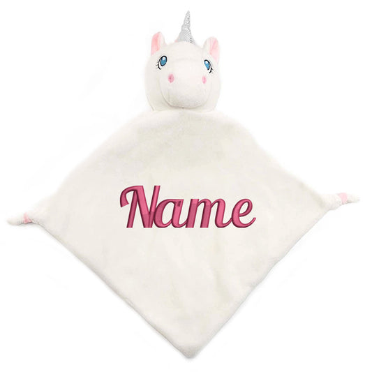 Personalisiertes Schnuffeltuch weiches Kuscheltuch mit Name Bestickt Schnuffeltier Schlafhilfe Tröster Geschenk zur Geburt Einhorn weiß