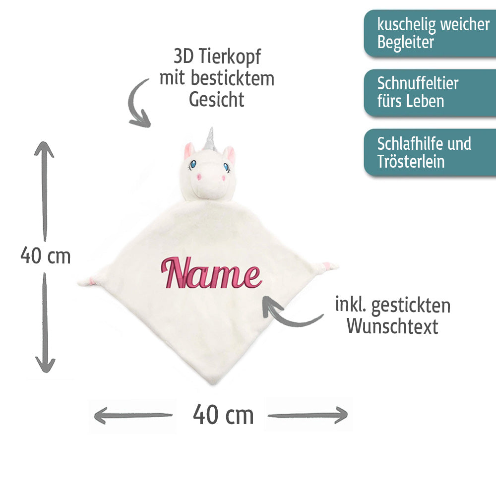 Personalisiertes Schnuffeltuch weiches Kuscheltuch mit Name Bestickt Schnuffeltier Schlafhilfe Tröster Geschenk zur Geburt Einhorn weiß