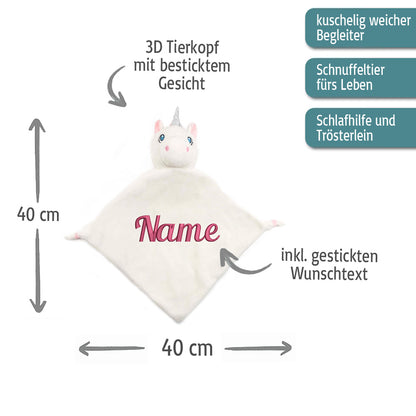 Personalisiertes Schnuffeltuch weiches Kuscheltuch mit Name Bestickt Schnuffeltier Schlafhilfe Tröster Geschenk zur Geburt Einhorn weiß